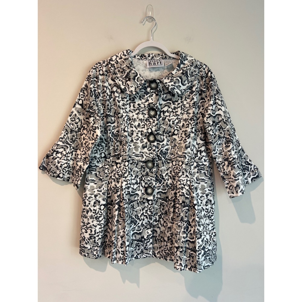 Keren Hart Vintage Black‎ White Print Cotton Jacket Blazer Peter Pan Collar  L